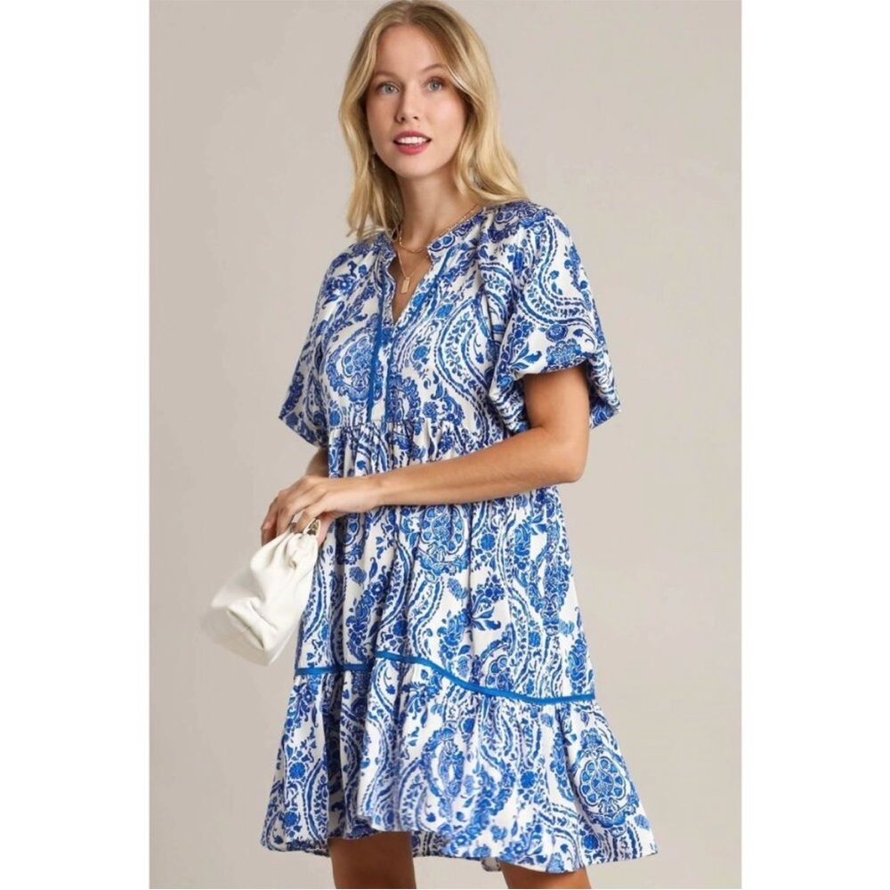 Umgee Full Size Printed Notched Puff Sleeve Mini Dress Grecian Blue White